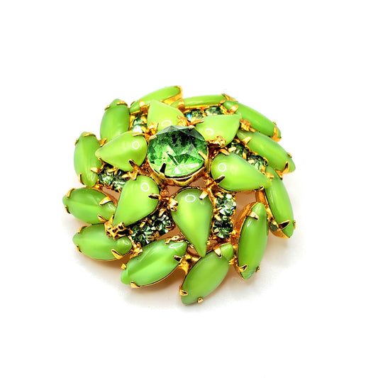 Vintage Lime Green Cabochon Rhinestone 3D Gold Tone Pin Brooch