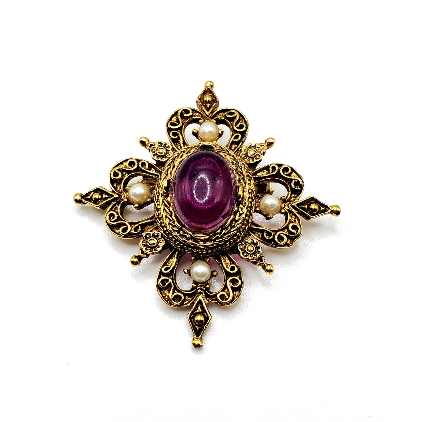 Vintage Victorian Style Jelly-Purple Cabochon Faux Pearls Antique Gold Tone Pin On Brooch