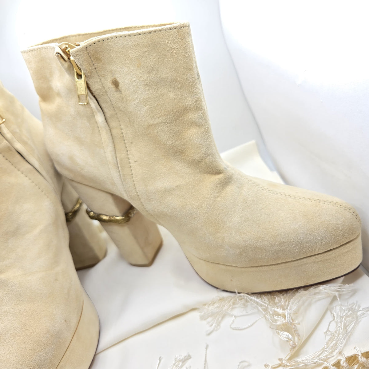 FRIEND OF MINE Claw Beige Suede Leather Gold-Tone Statement Ankle Boots Size 40
