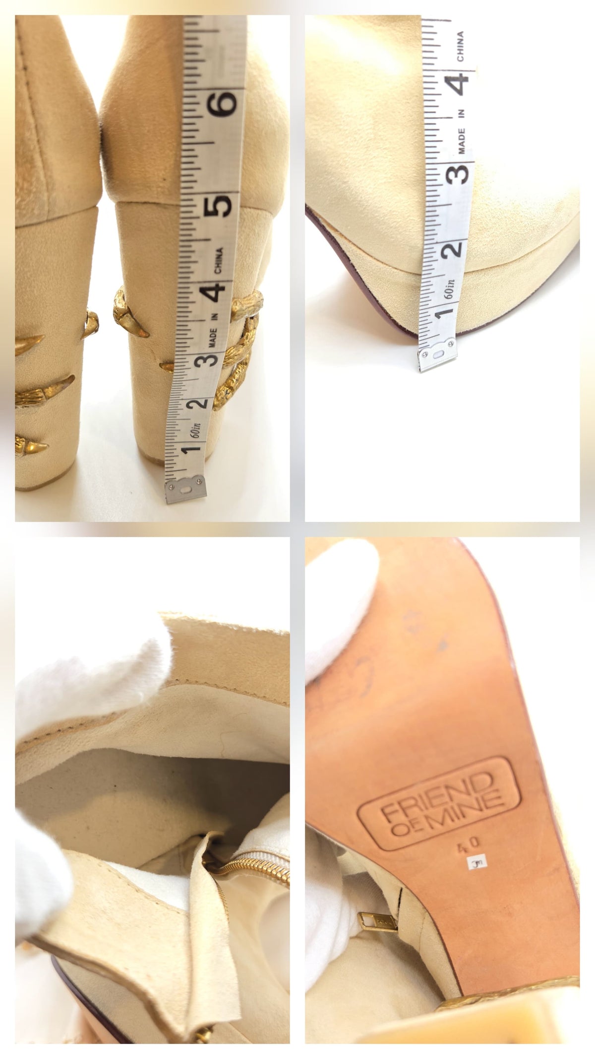 FRIEND OF MINE Claw Beige Suede Leather Gold-Tone Statement Ankle Boots Size 40