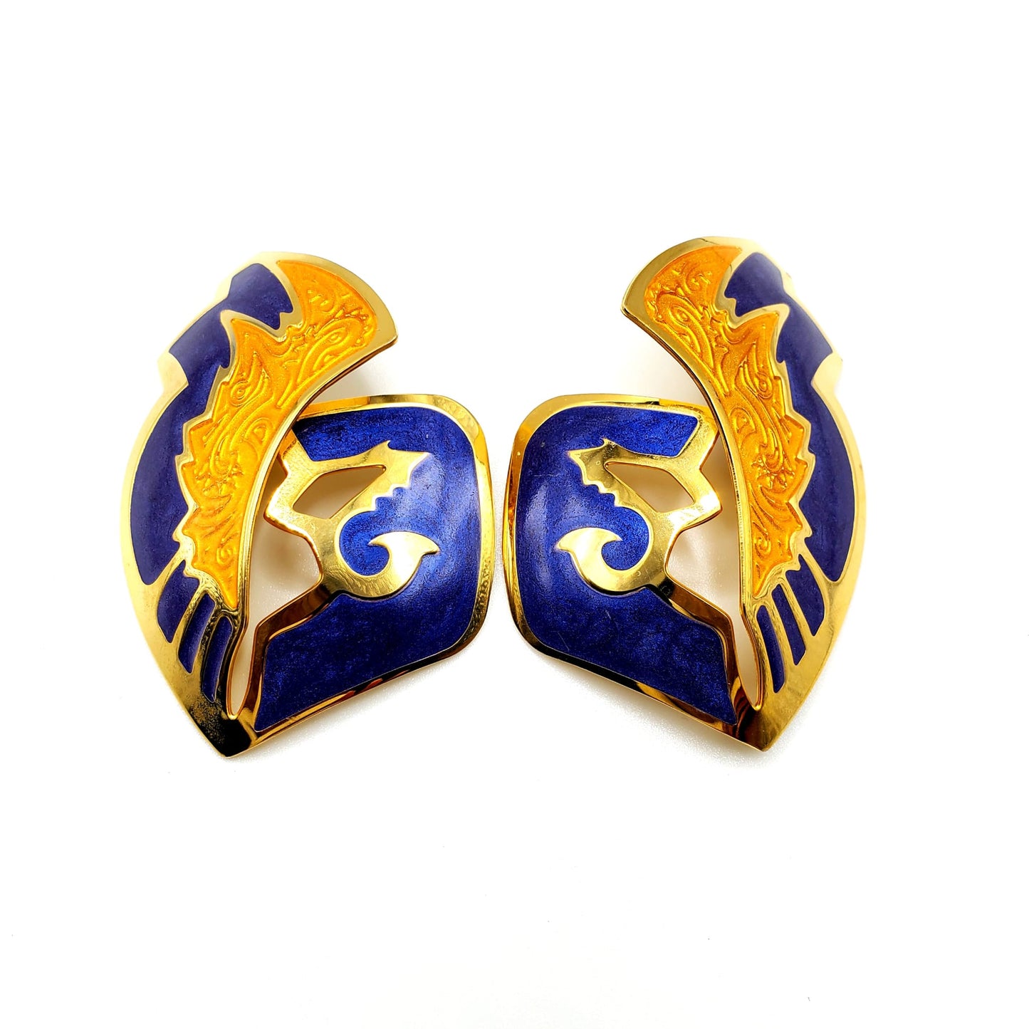 Vintage EDGAR BEREBI Gold Tone Blue Mustard Enamel Clip On Earrings