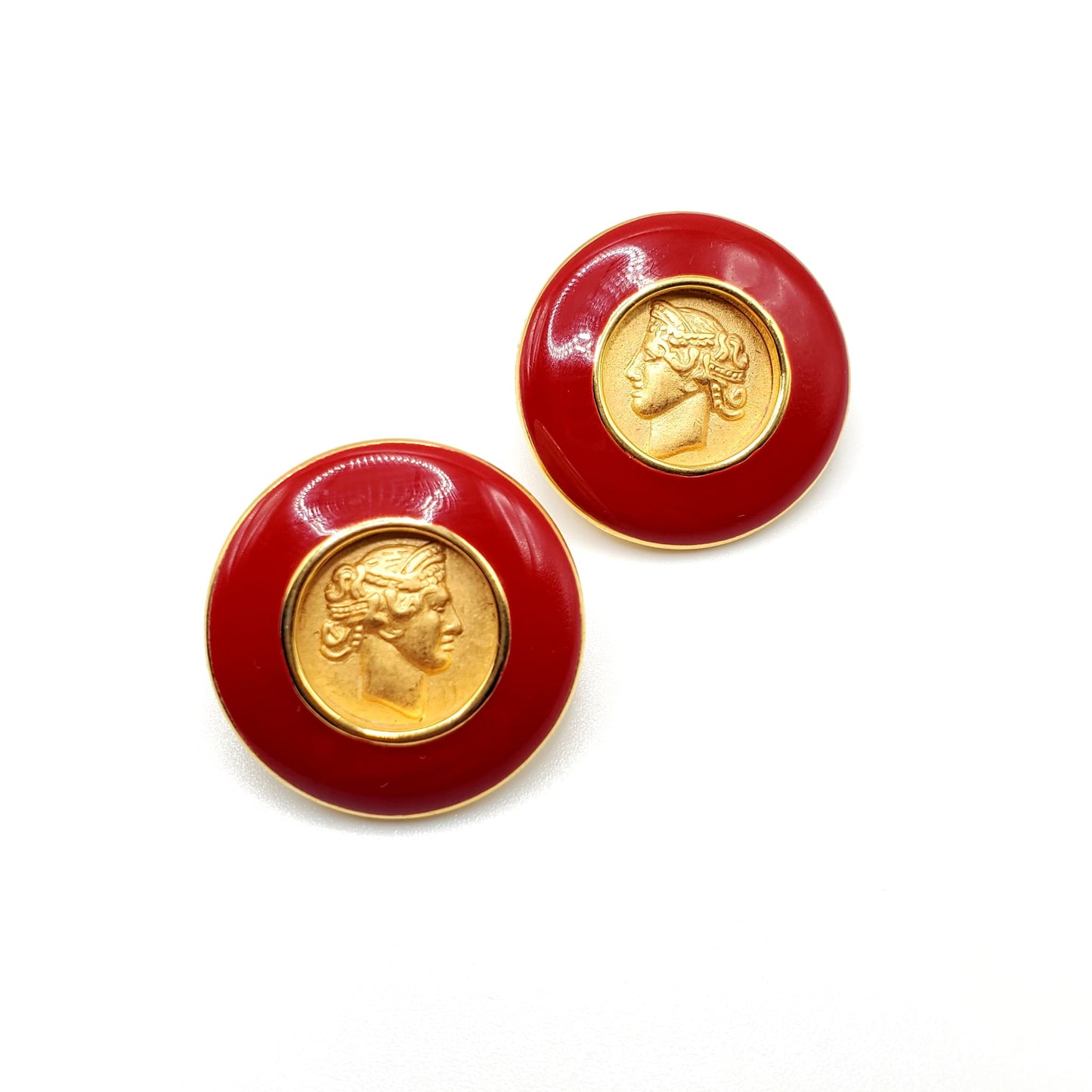 Vintage MONET Round Roman Coin Gold Tone Red Enamel Pierced Earrings