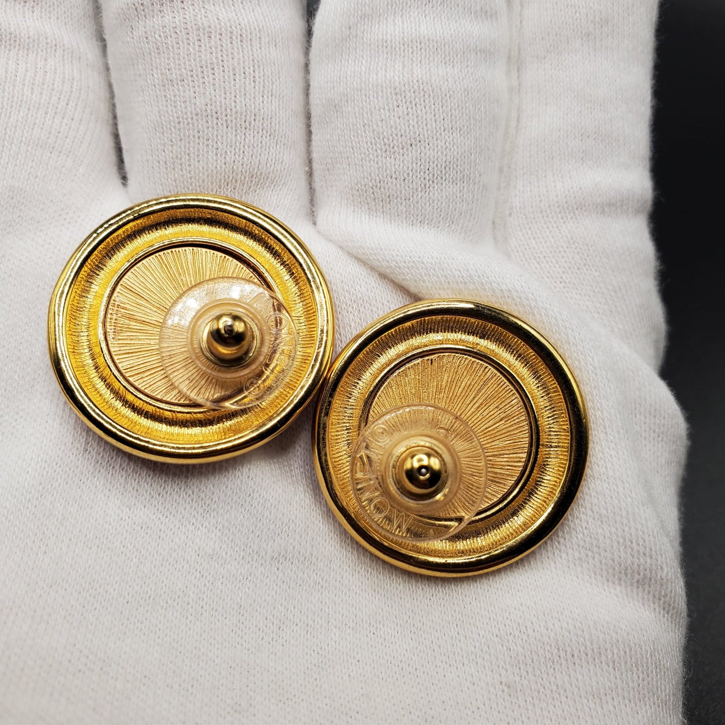 Vintage MONET Round Roman Coin Gold Tone Red Enamel Pierced Earrings