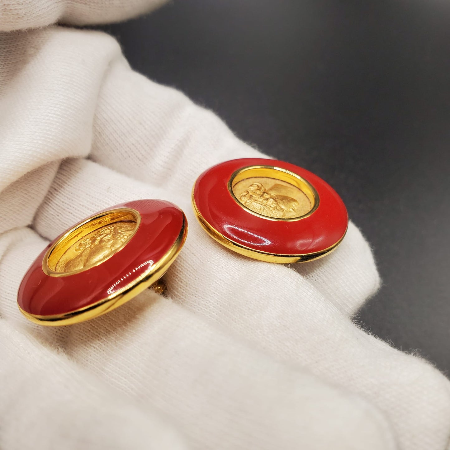 Vintage MONET Round Roman Coin Gold Tone Red Enamel Pierced Earrings