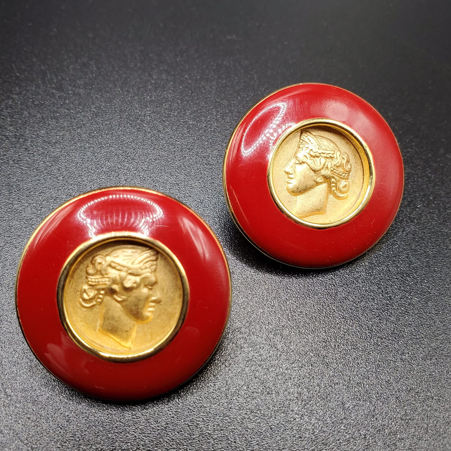 Vintage MONET Round Roman Coin Gold Tone Red Enamel Pierced Earrings