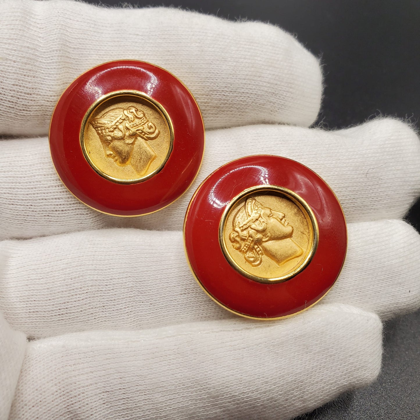 Vintage MONET Round Roman Coin Gold Tone Red Enamel Pierced Earrings