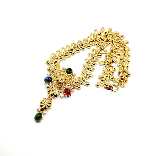 Vintage TRIFARI TM  Signed Moghul Multicolor Jeweled Cabochon Rhinestones Gold Tone Necklace