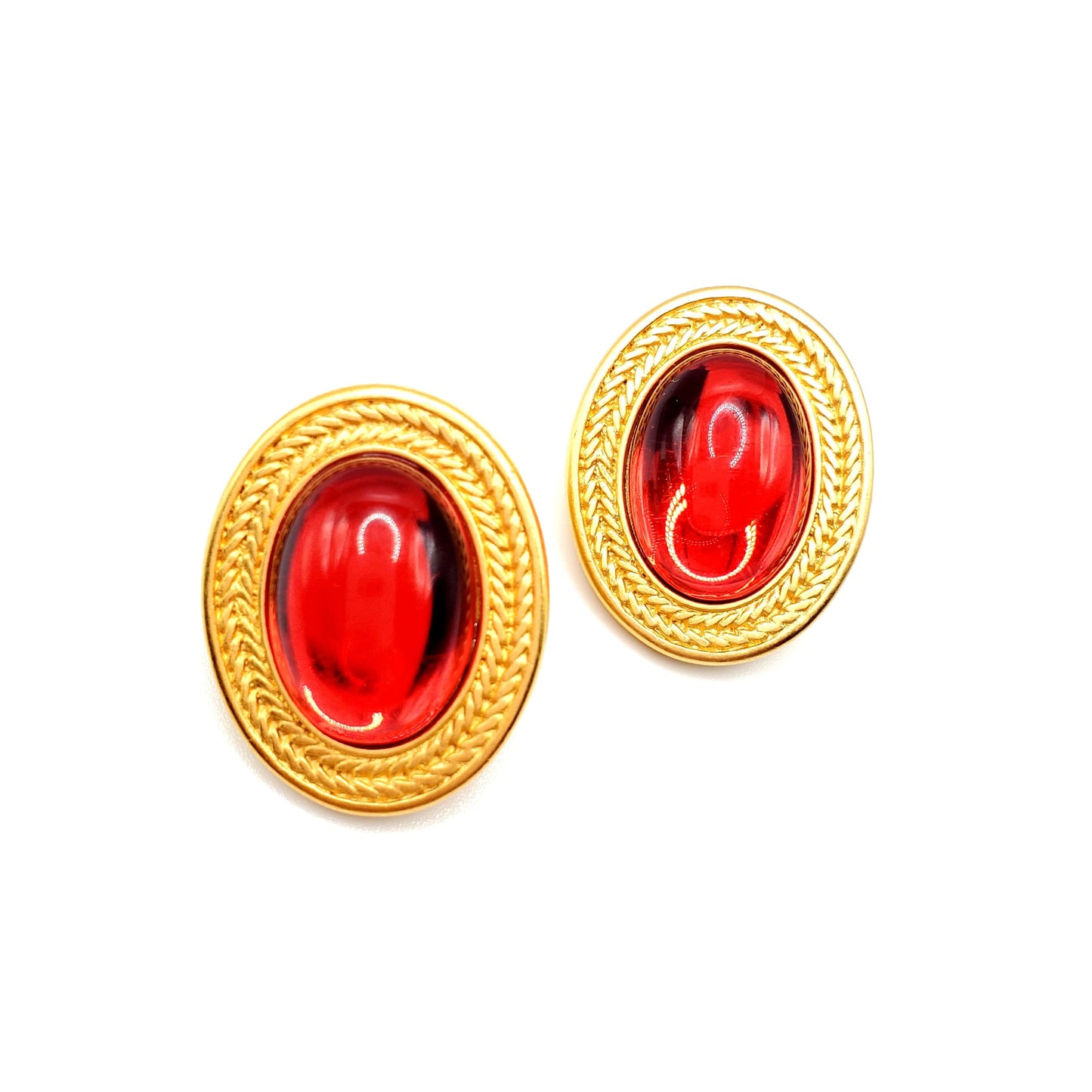 Vintage MONET Signed, Oval Shaped, Ruby Red Cabochon, Matte Gold Tone, Pierced Earrings, Very Rare