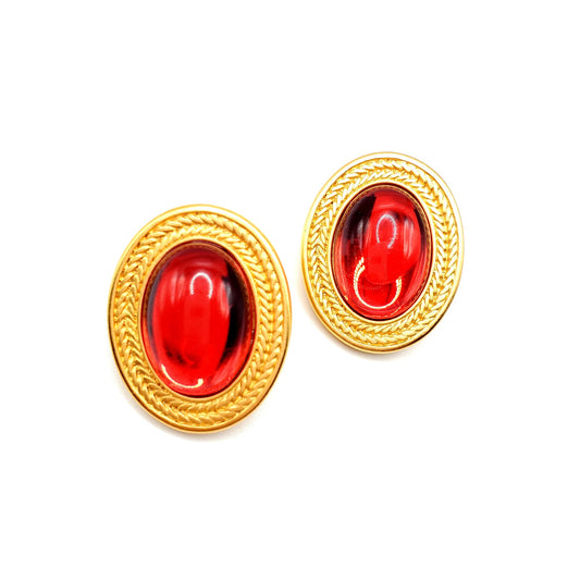 Vintage MONET Signed, Oval Shaped, Ruby Red Cabochon, Matte Gold Tone, Pierced Earrings, Very Rare