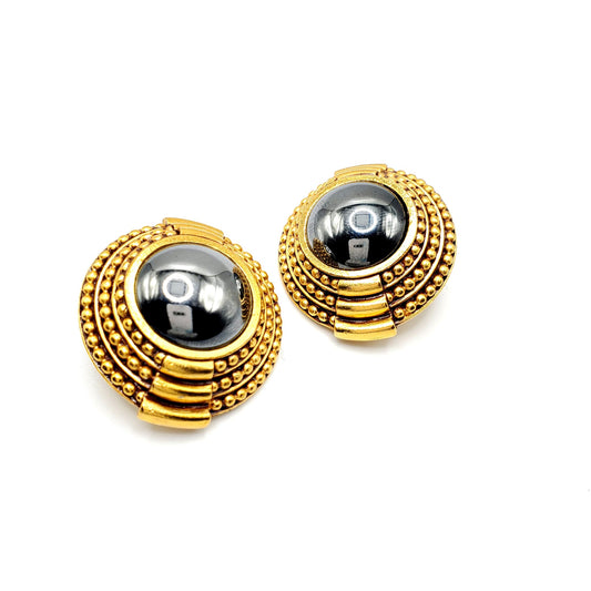 Vintage DIVA Signed, Large, Gold Tone, Round Silver-Black Rhinestone, Clip On Earrings