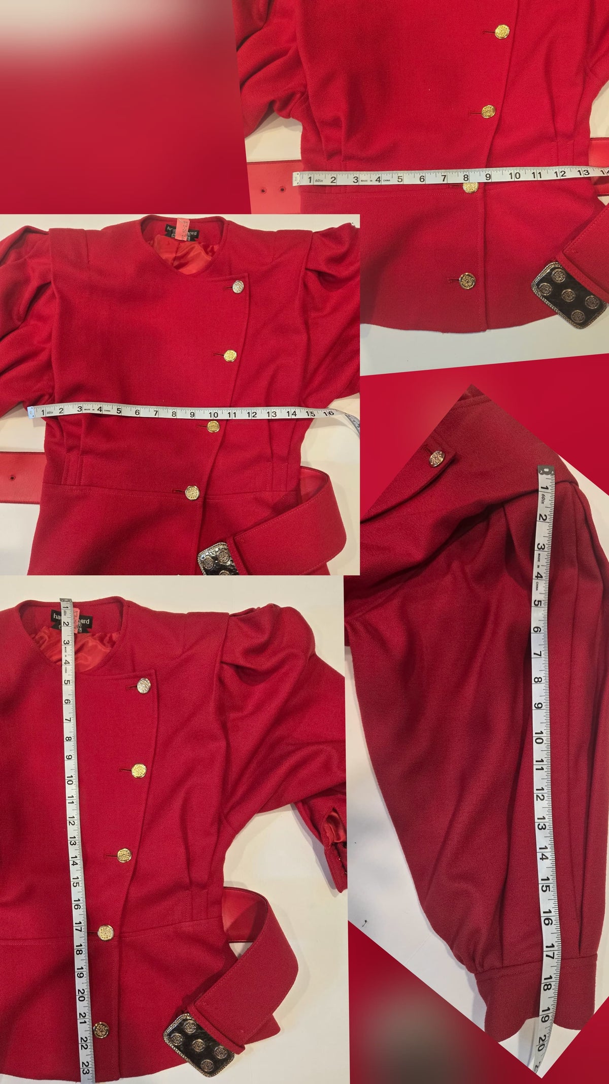 Vintage Neiman Marcus Harvé Benard Red Wool Blazer Gold Buttons Belted Runway Jacket XS