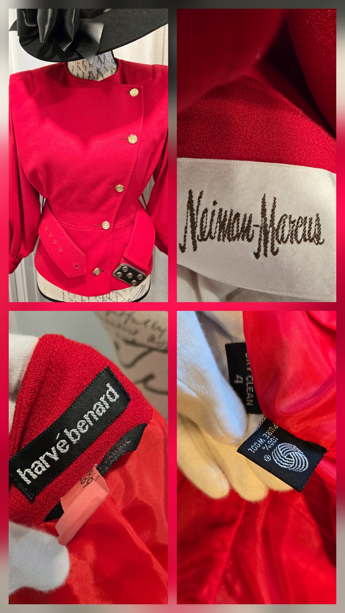 Vintage Neiman Marcus Harvé Benard Red Wool Blazer Gold Buttons Belted Runway Jacket XS