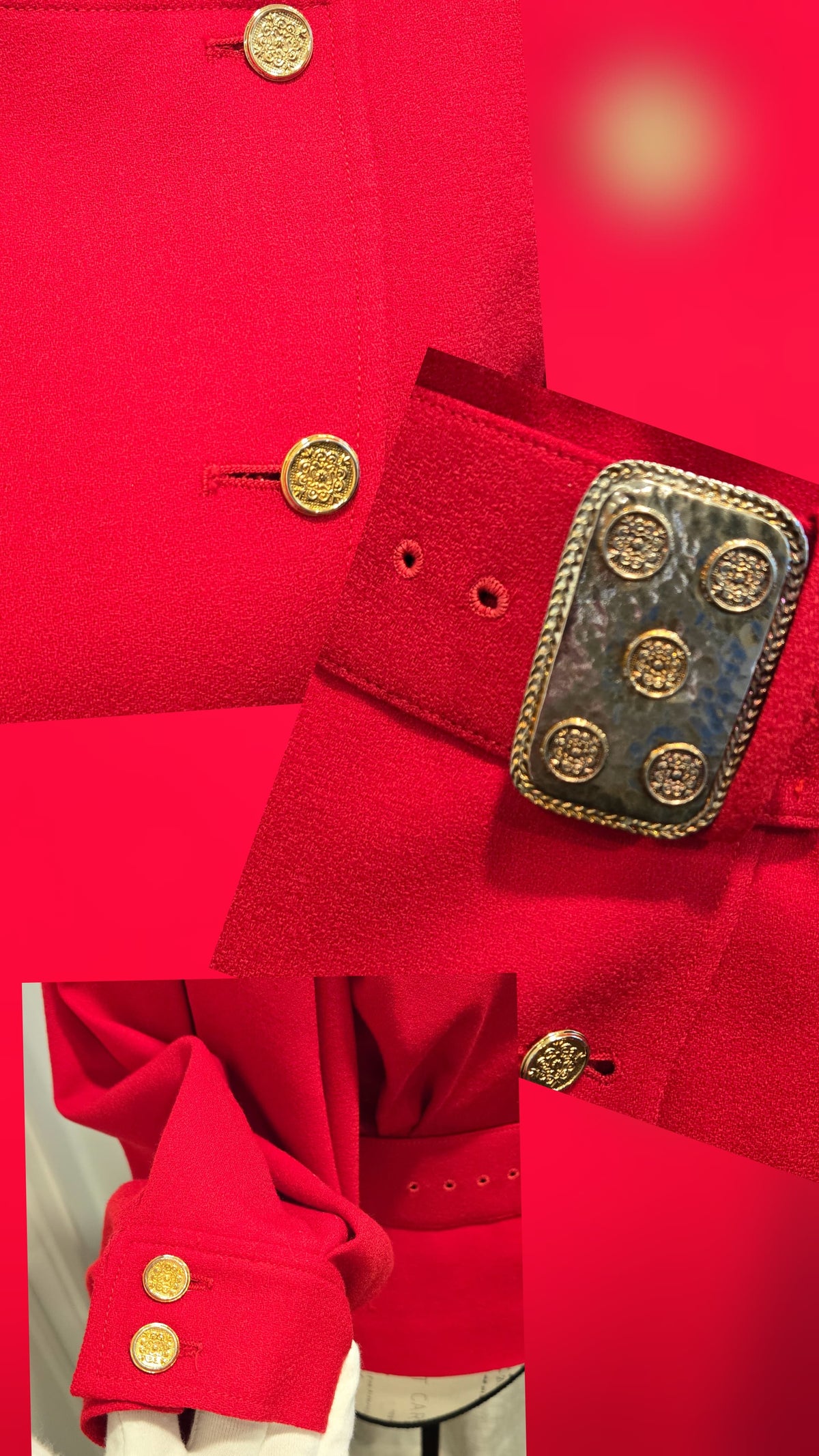 Vintage Neiman Marcus Harvé Benard Red Wool Blazer Gold Buttons Belted Runway Jacket XS