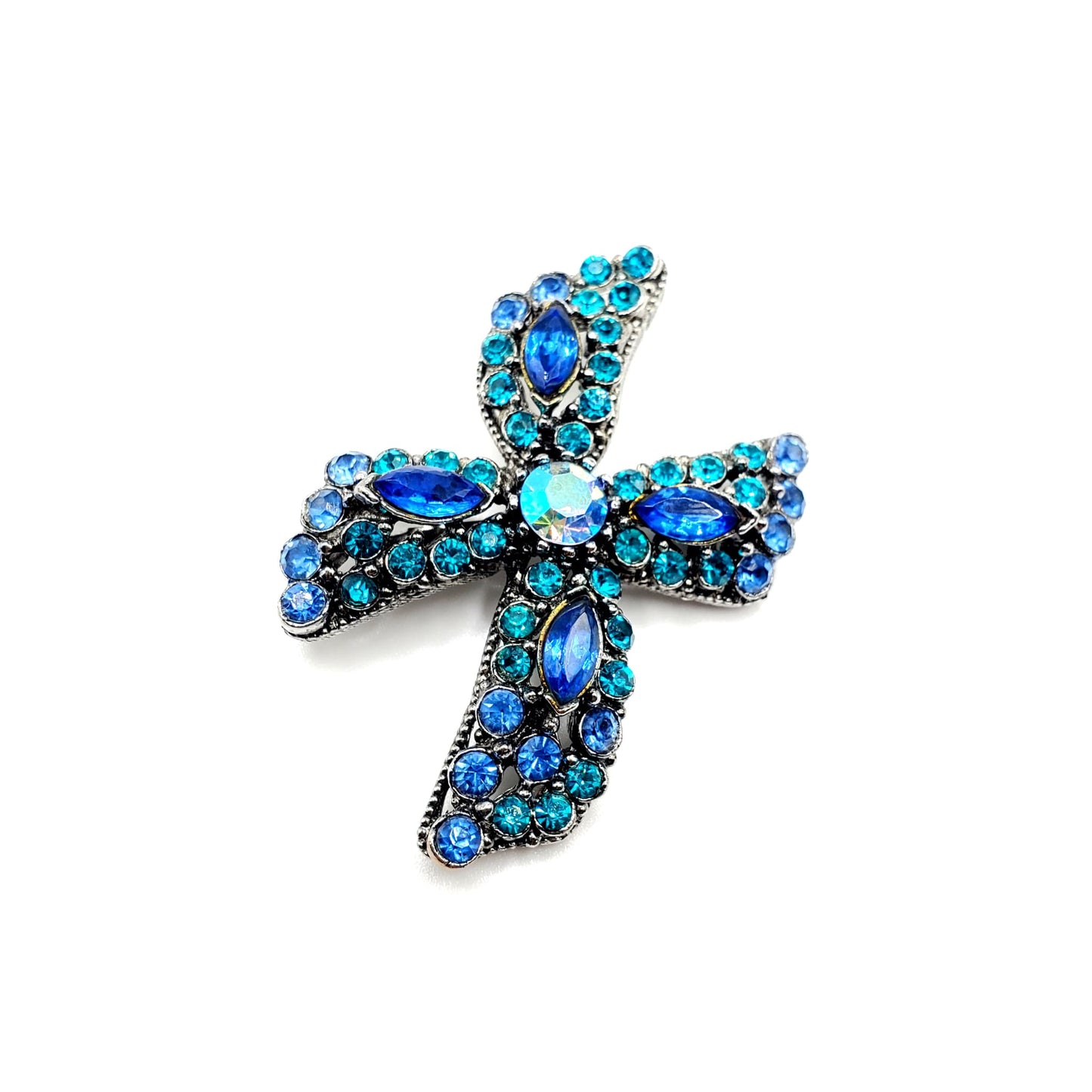 Vintage WEISS Signed Cross Teal & Aqua Blue Rhinestone Pin on Brooch