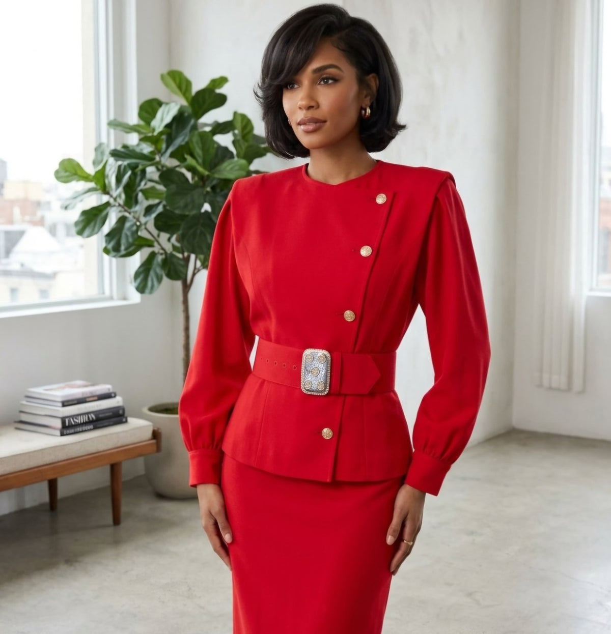 Vintage Neiman Marcus Harvé Benard Red Wool Blazer Gold Buttons Belted Runway Jacket XS