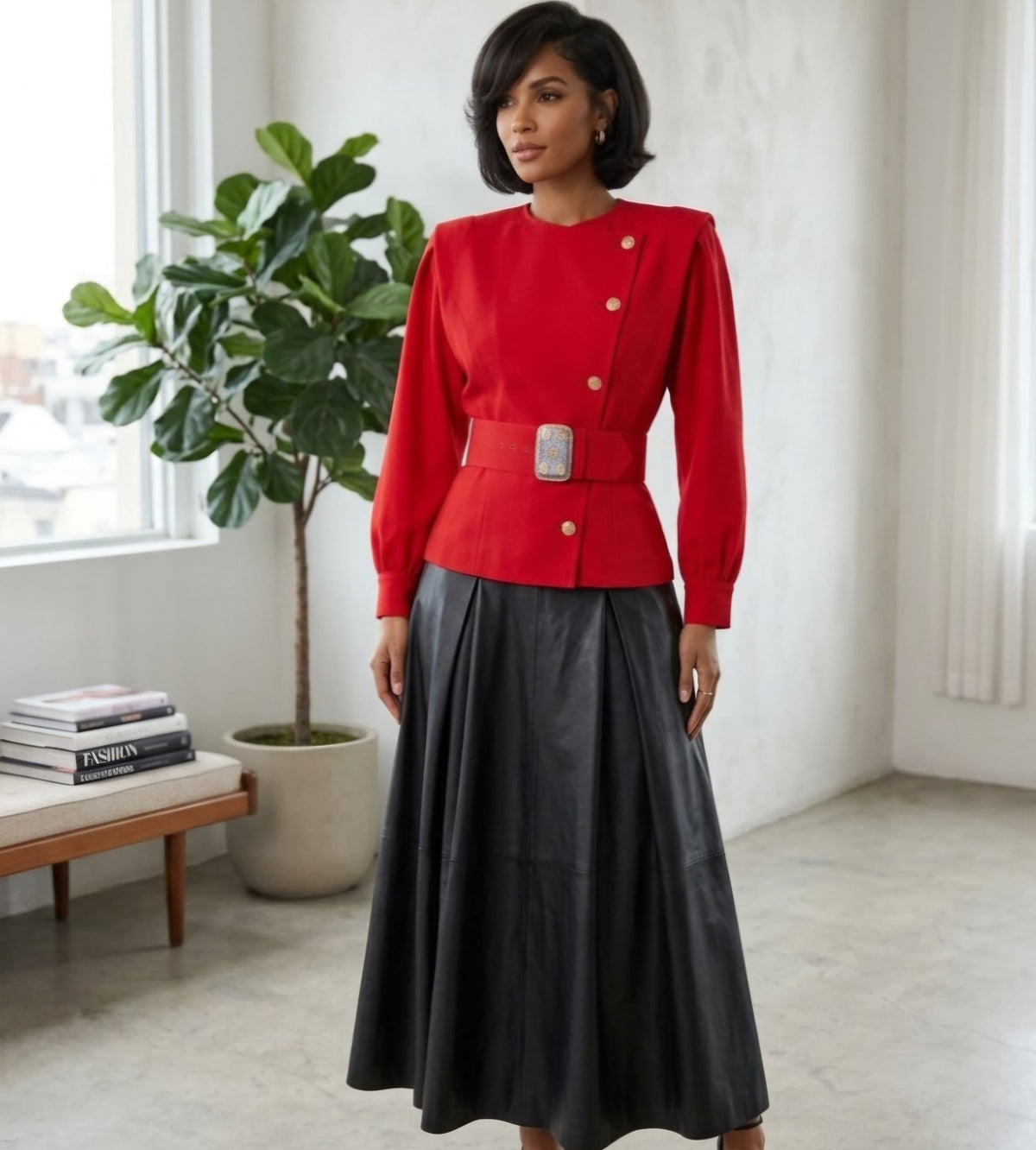 Vintage Neiman Marcus Harvé Benard Red Wool Blazer Gold Buttons Belted Runway Jacket XS