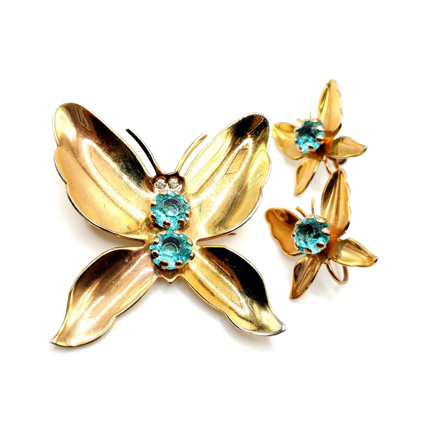 Vintage BUTTERFLY Aqua Blue Rhinestones Gold Tone Brooch Pin And Screw Back Earrings Set