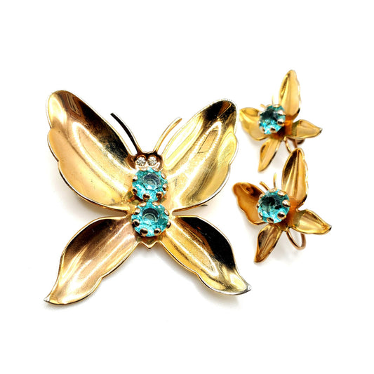 Vintage BUTTERFLY Aqua Blue Rhinestones Gold Tone Brooch Pin And Screw Back Earrings Set