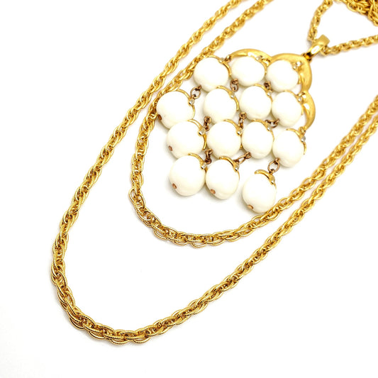 Vintage TRIFARI Crown Signed Waterfall Necklace, White Lucite Beads, Gold Tone Chains, Statement Piece