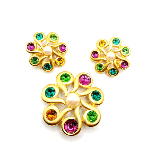 Vintage GIVENCHY Multicolor Cabochon Faux Pearl Gold Tone Runway Flower Brooch Pin And Clip On Earrings Set