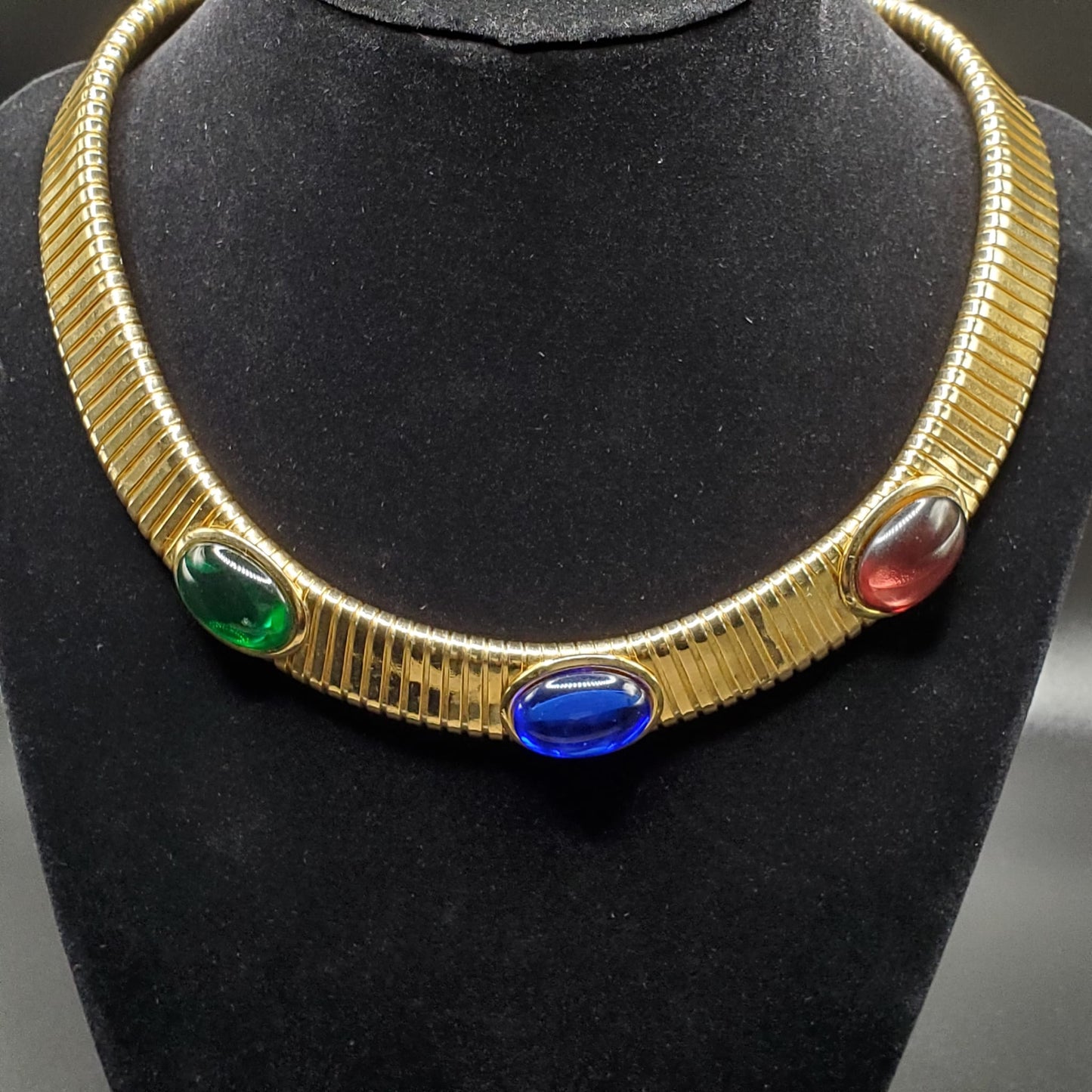 Vintage, Red, Blue, Green Cabochon, Gold Tone Moghul Necklace