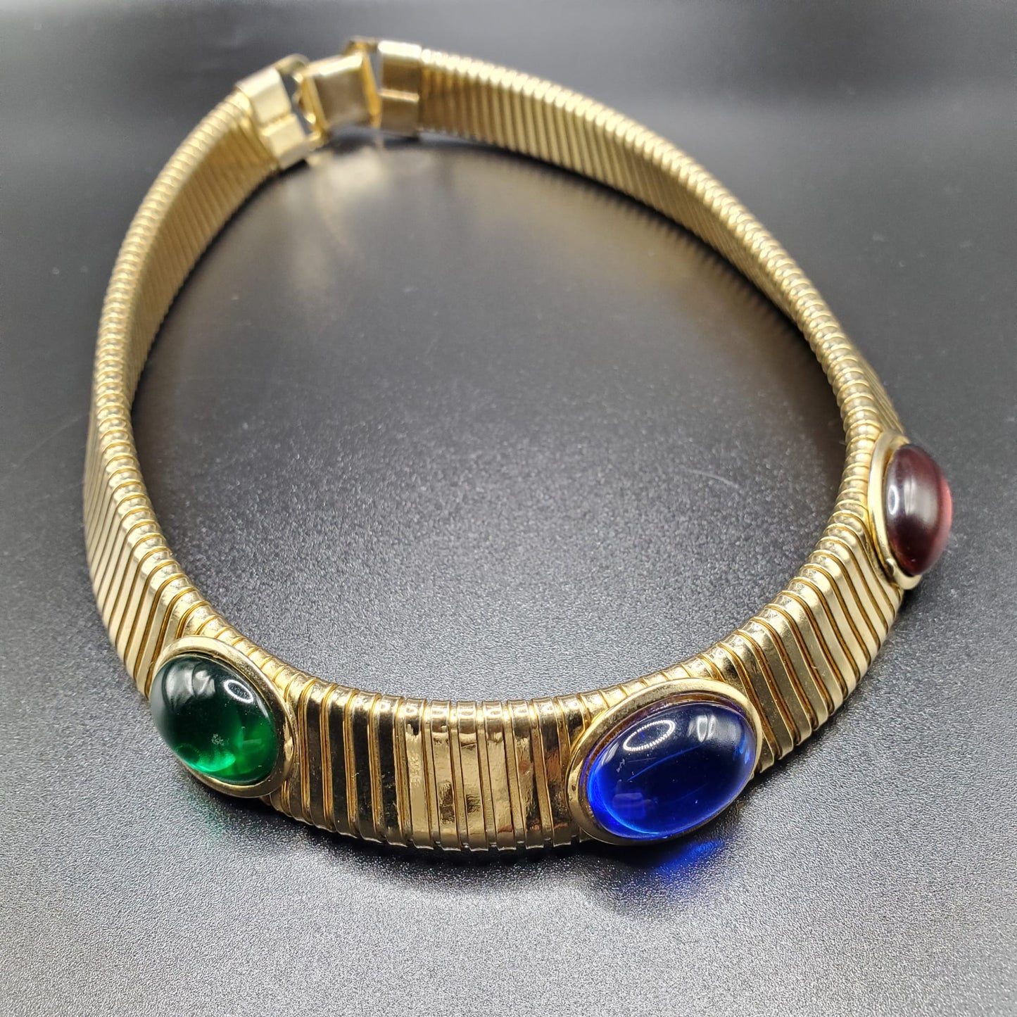 Vintage, Red, Blue, Green Cabochon, Gold Tone Moghul Necklace