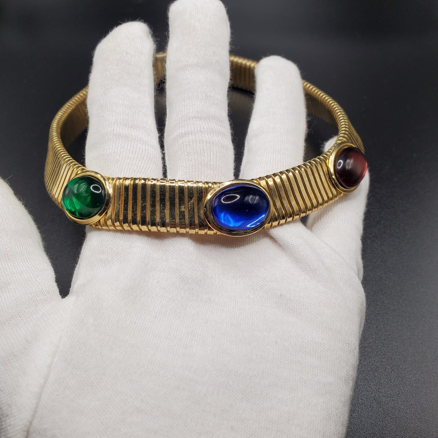 Vintage, Red, Blue, Green Cabochon, Gold Tone Moghul Necklace