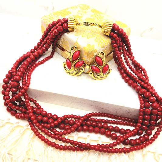 Vintage TRIFARI Faux Coral Multi-Strand Choker Necklace & Clip-On Earrings Set