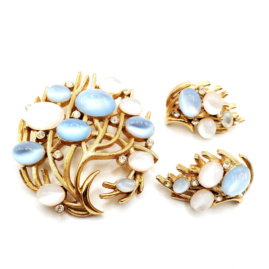 Vintage TRIFARI “Under the Sea” Alfred Philippe Moonstone Brooch Pin and Clip on Earrings Set