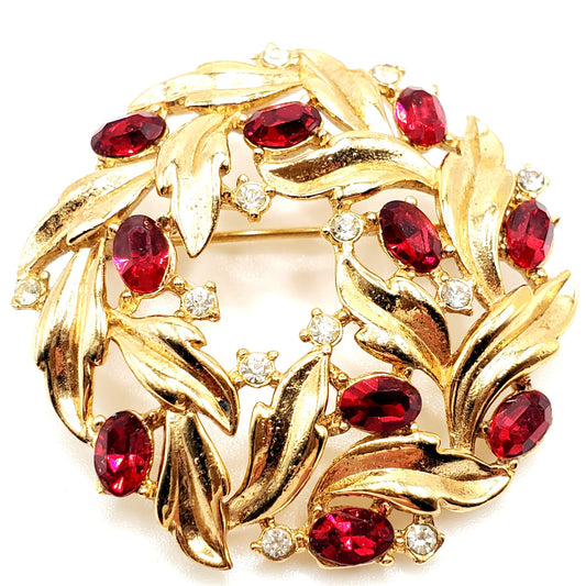 Vintage TRIFARI CROWN Signed Wreath Gold Tone Brooch Pin with Ruby Red and Clear Rhinestones