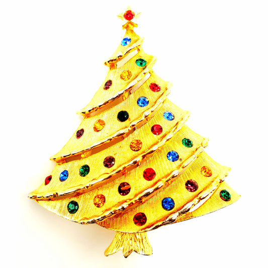 Vintage J.J. Christmas Tree Multicolor Rhinestones Gold Tone Brooch Pin