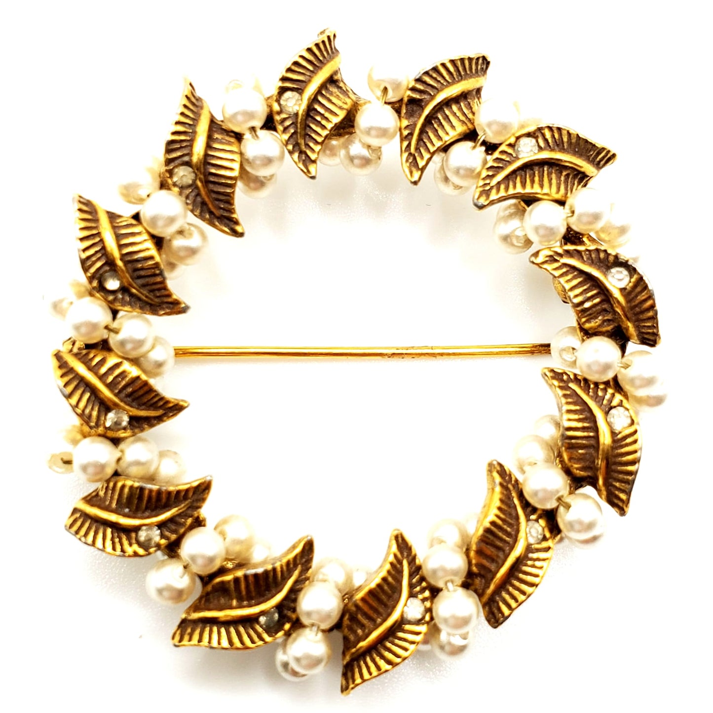 Vintage Leaves and Faux Pearls Wreath Brooch Pin