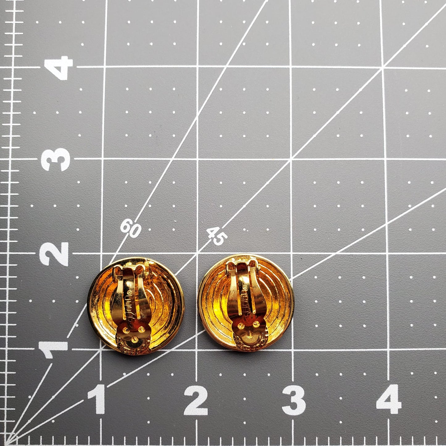 Vintage ST. JOHN Navy Blue Enamel, Gold Tone SJ Logo Runway, Designer Clip On Earrings