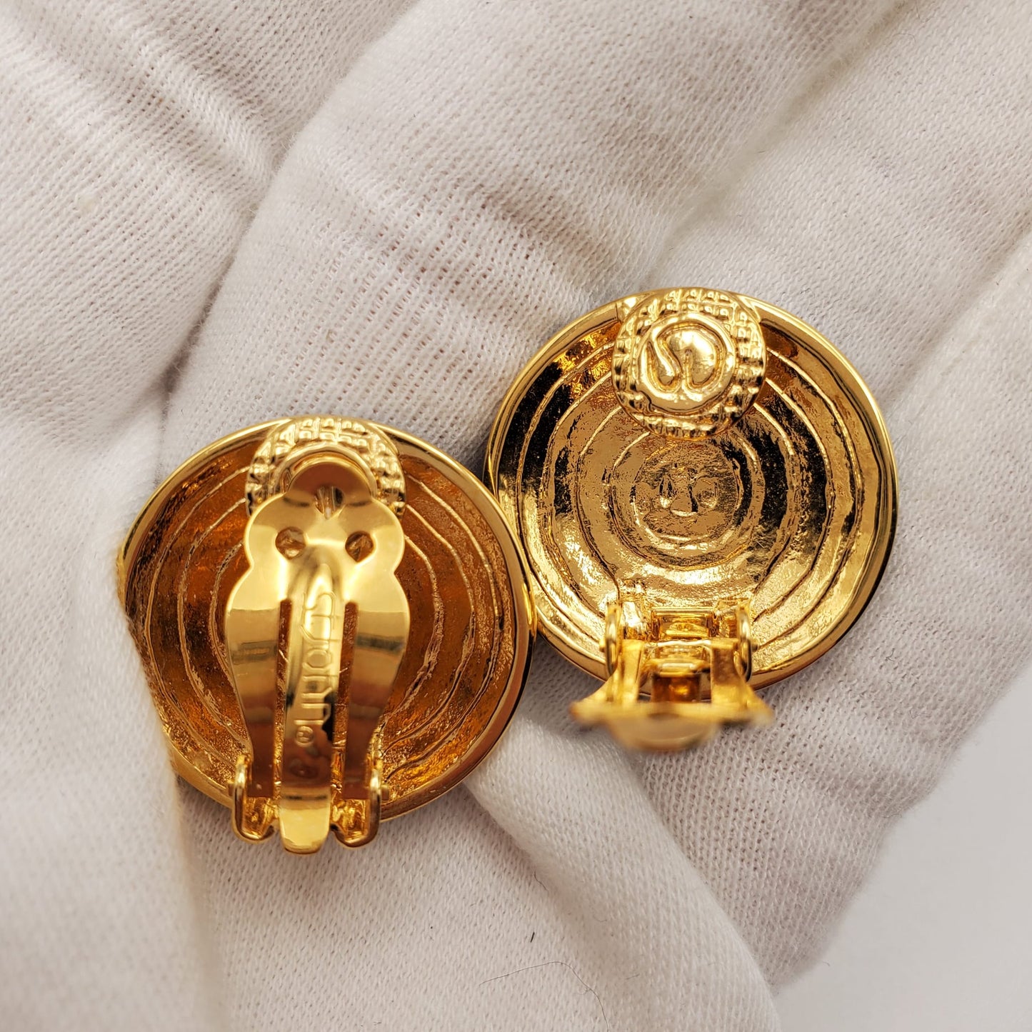 Vintage ST. JOHN Navy Blue Enamel, Gold Tone SJ Logo Runway, Designer Clip On Earrings