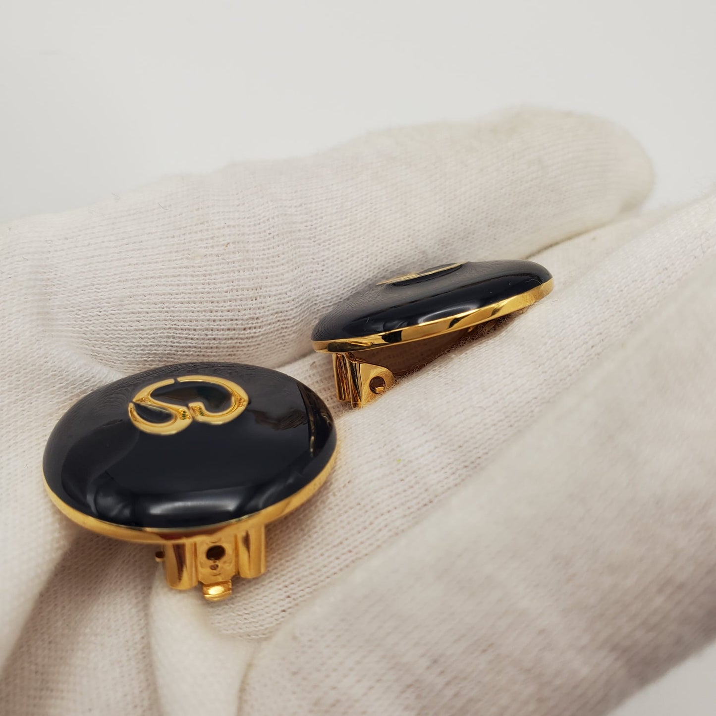 Vintage ST. JOHN Navy Blue Enamel, Gold Tone SJ Logo Runway, Designer Clip On Earrings