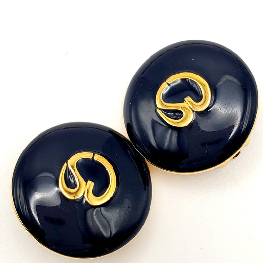 Vintage ST. JOHN Navy Blue Enamel, Gold Tone SJ Logo Runway, Designer Clip On Earrings