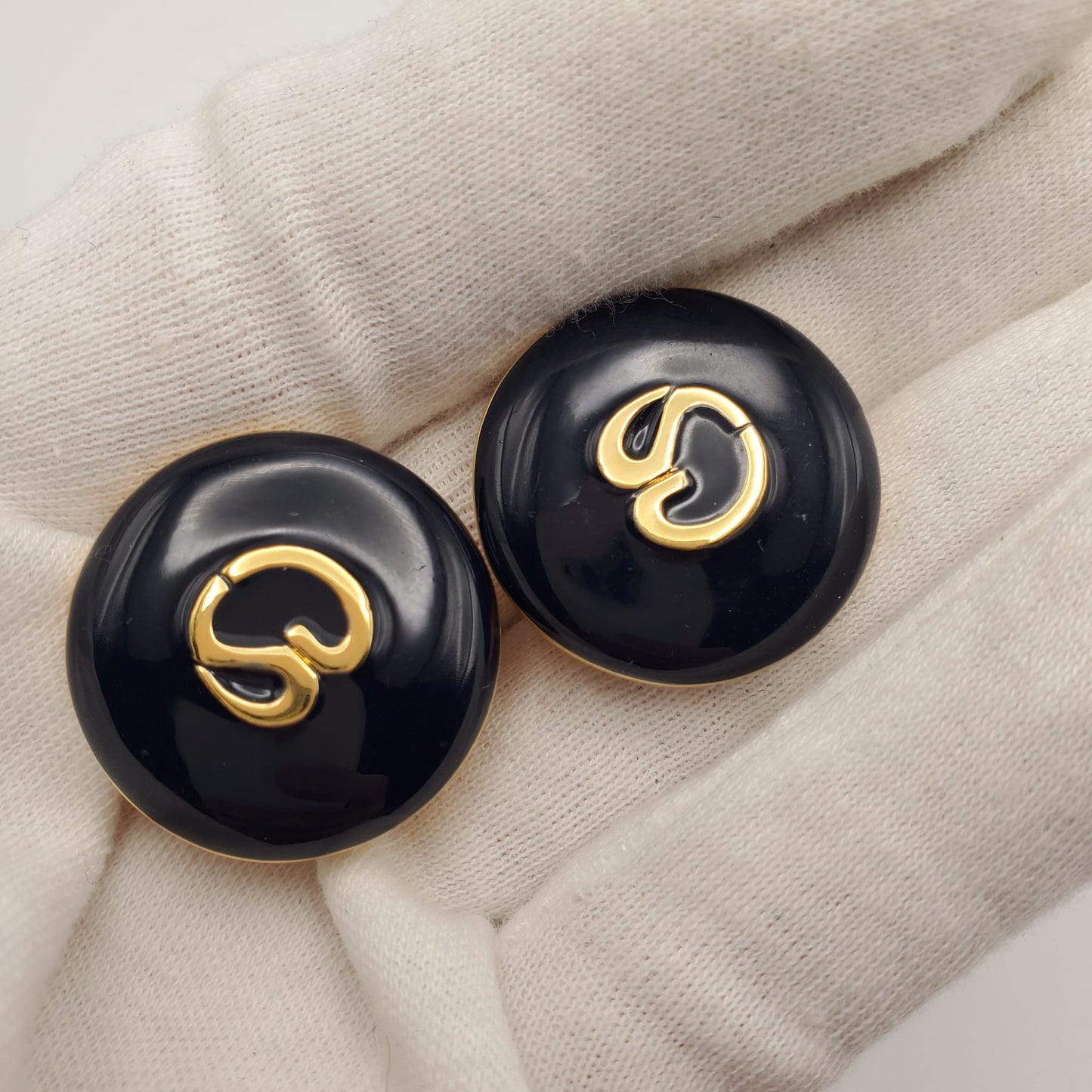 Vintage ST. JOHN Navy Blue Enamel, Gold Tone SJ Logo Runway, Designer Clip On Earrings