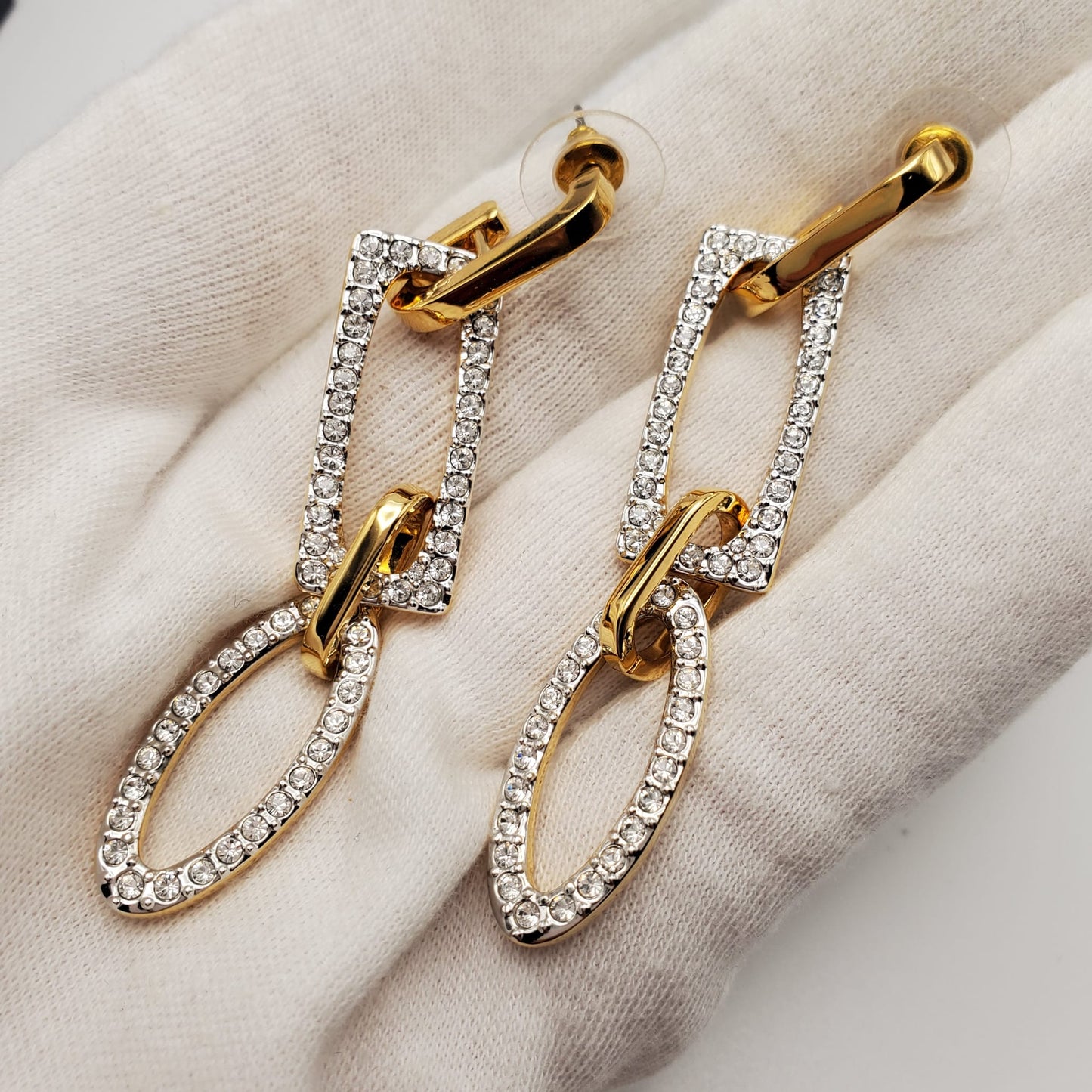 SWAROVSKI Swan Geometric Drop Dangle Gold Tone and Crystals Pierced Earrings with Box