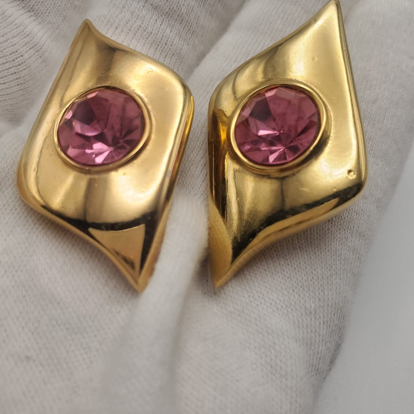 Vintage GIVENCHY Signed Large Pink Amethyst Rhinestone Gold Tone Earrings