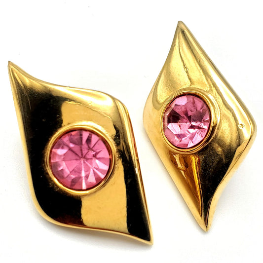 Vintage GIVENCHY Signed Large Pink Amethyst Rhinestone Gold Tone Earrings