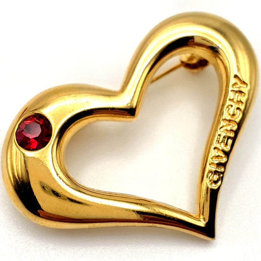 Vintage GIVENCHY Signed Heart Red Rhinestone Gold Tone Brooch Pin