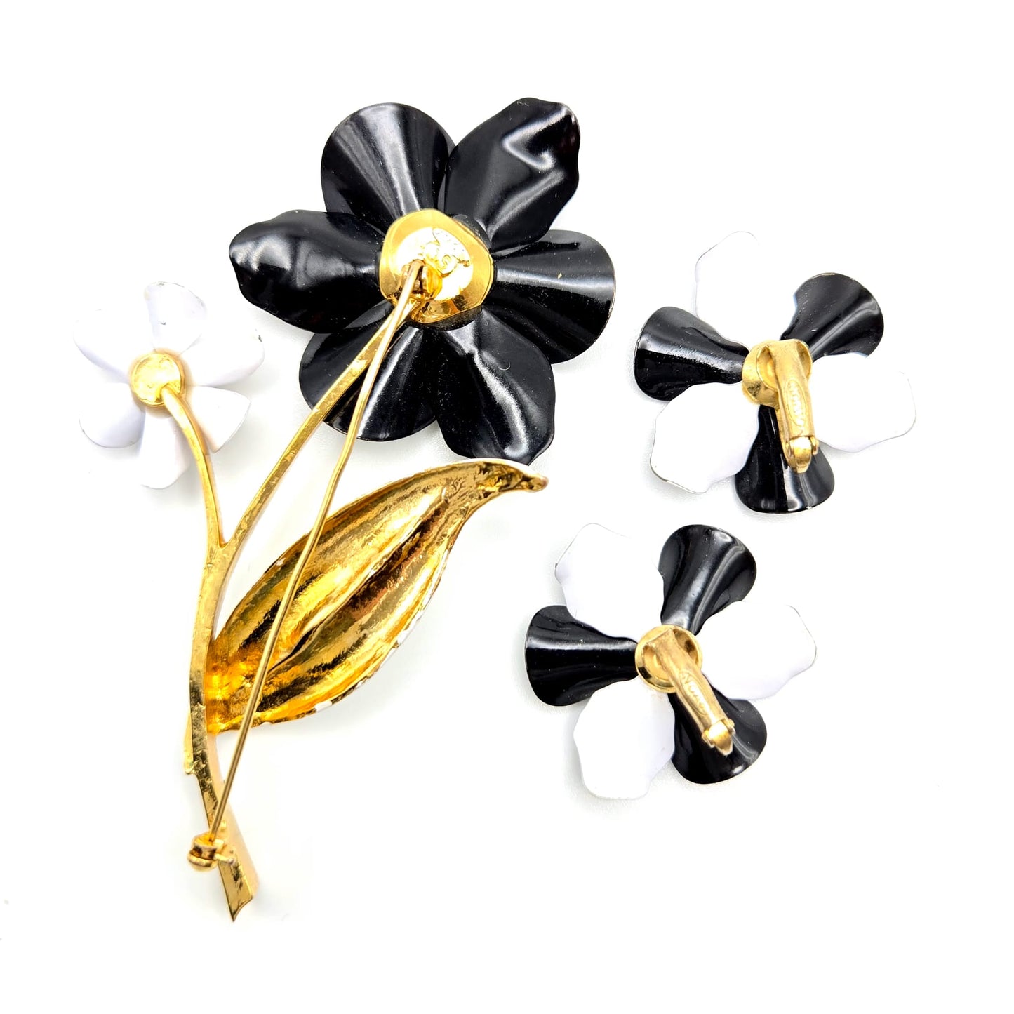 Vintage AVON Retro Black and White Polka Dots Flower Gold Tone Brooch Pin and Earrings Set