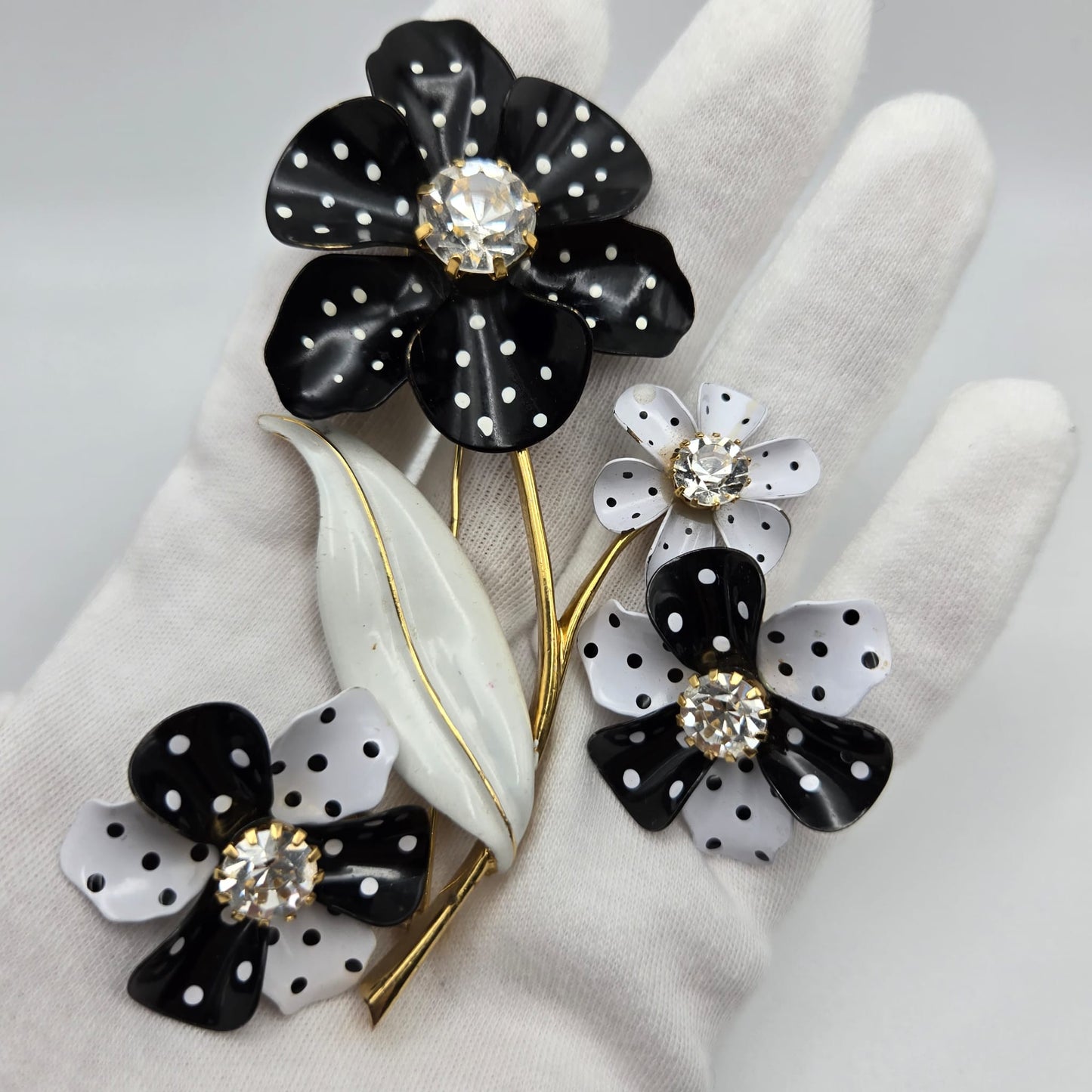 Vintage AVON Retro Black and White Polka Dots Flower Gold Tone Brooch Pin and Earrings Set