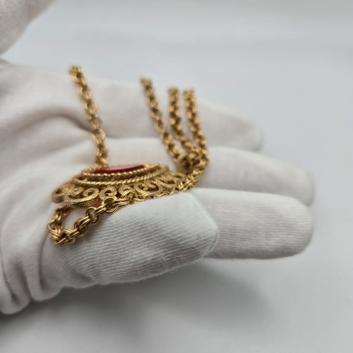 Vintage AVON Red/Orange Stone Teardrop Shape Pendant Gold Tone Double Chain Necklace