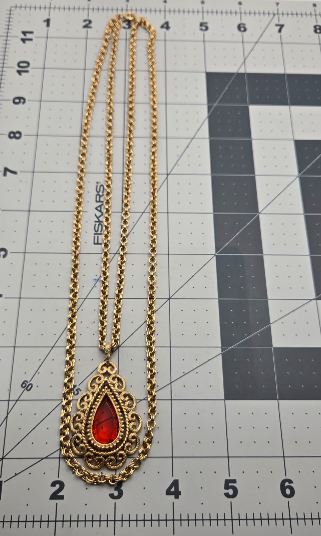 Vintage AVON Red/Orange Stone Teardrop Shape Pendant Gold Tone Double Chain Necklace