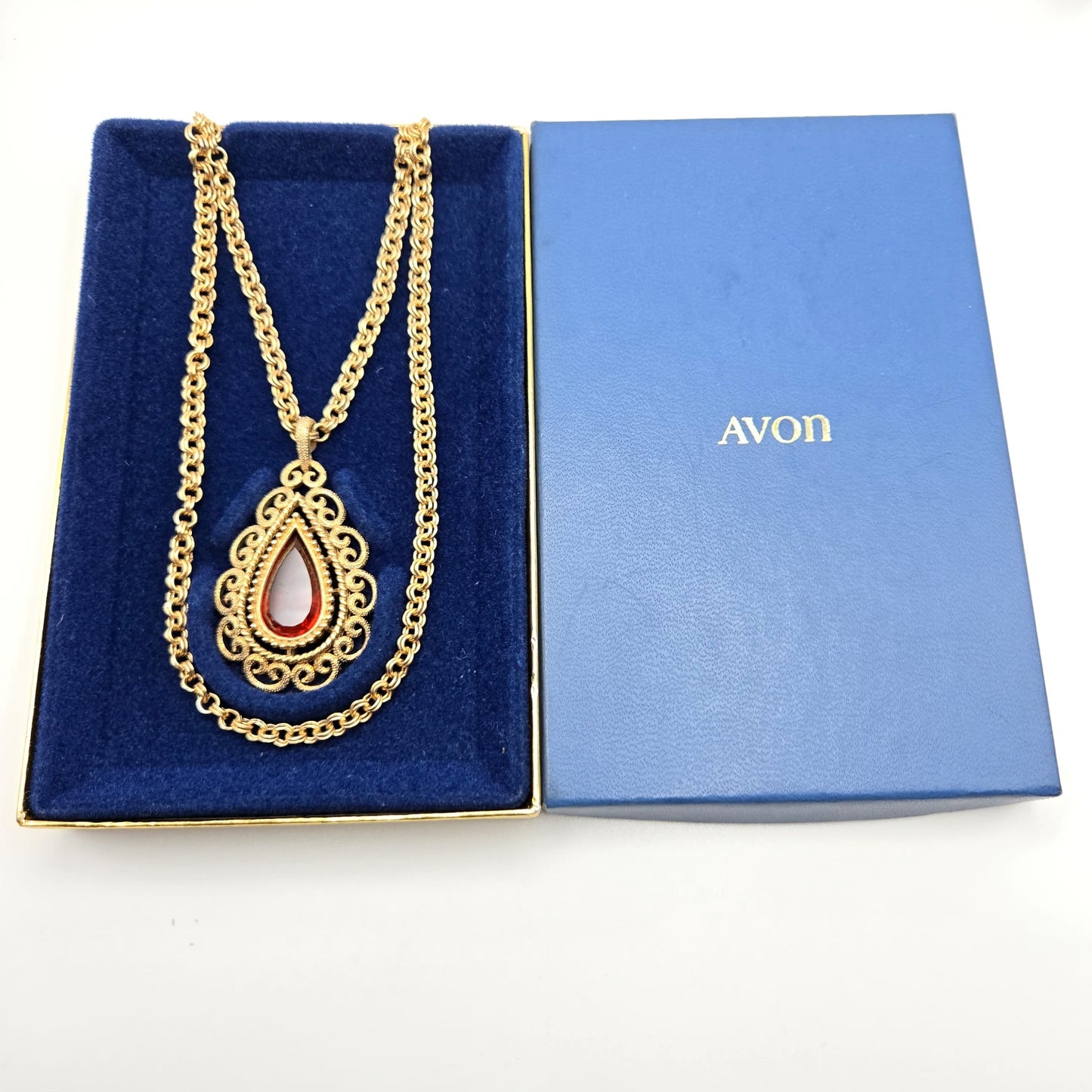 Vintage AVON Red/Orange Stone Teardrop Shape Pendant Gold Tone Double Chain Necklace