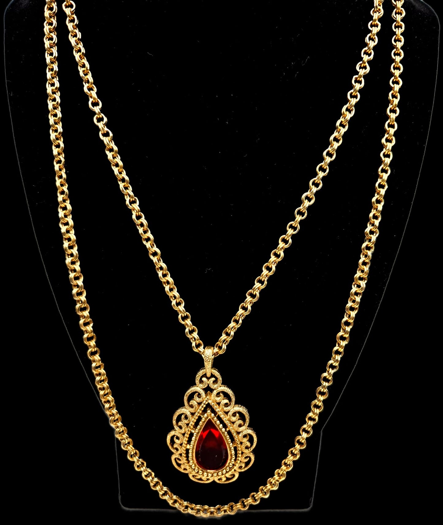 Vintage AVON Red/Orange Stone Teardrop Shape Pendant Gold Tone Double Chain Necklace