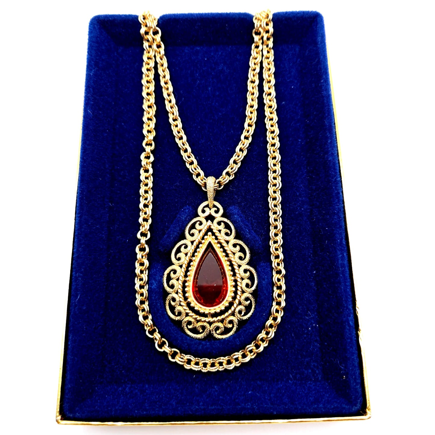 Vintage AVON Red/Orange Stone Teardrop Shape Pendant Gold Tone Double Chain Necklace