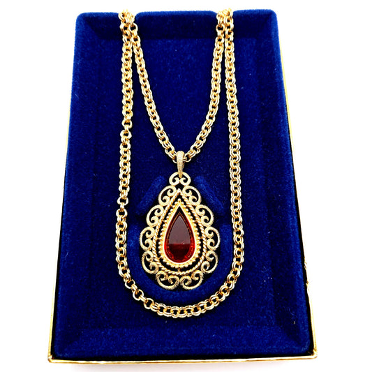 Vintage AVON Red/Orange Stone Teardrop Shape Pendant Gold Tone Double Chain Necklace