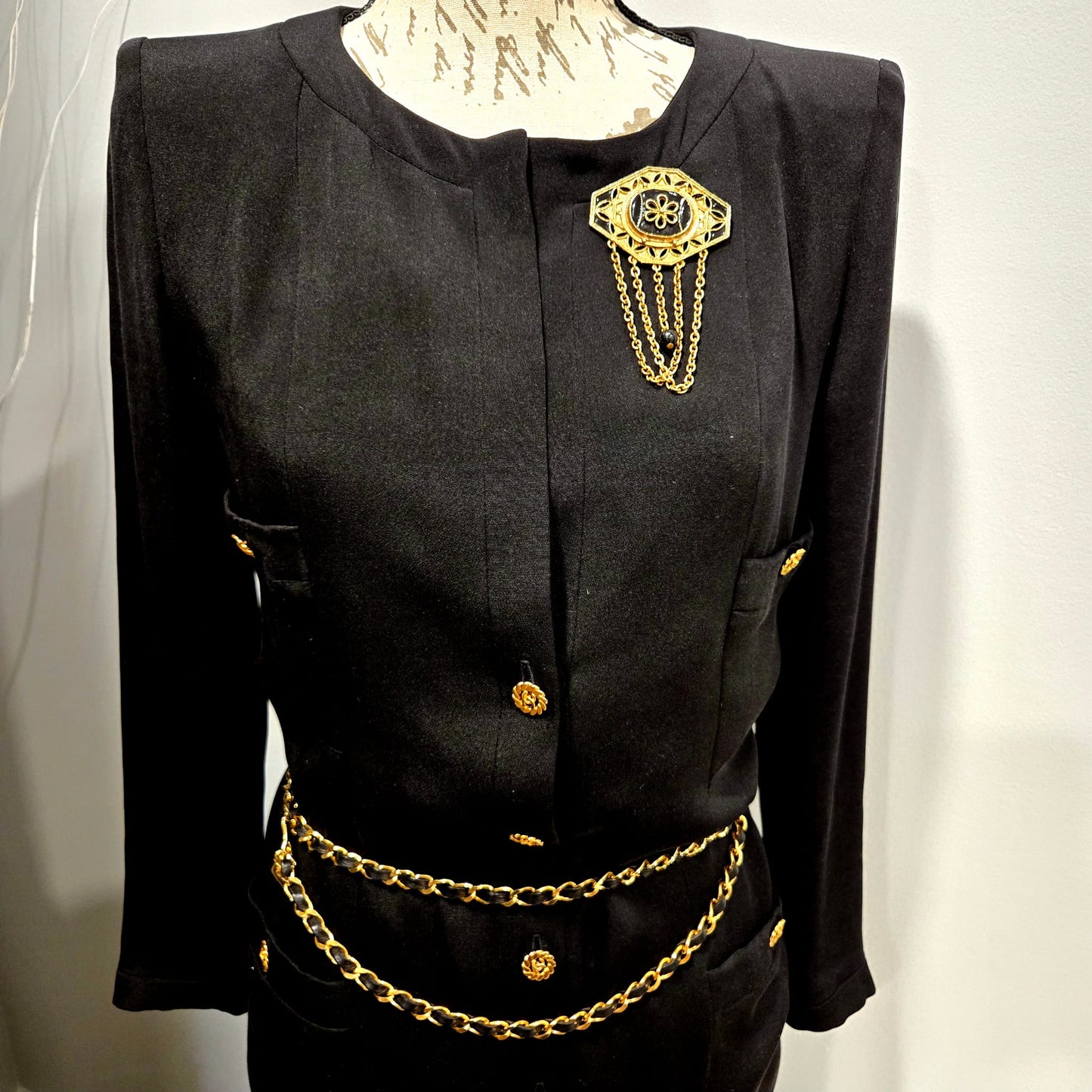 Vintage Victorian Revival Gold Tone, Black Enamel Dangling Chains Brooch Pin